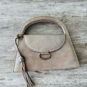 Barbara Palacios Metallic Suede Crescent Top Handle Bag Purse Made in Italy